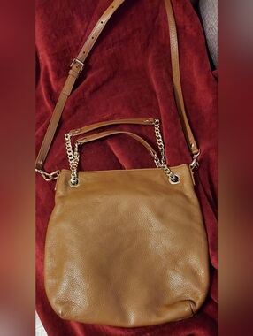 Michael Kors Tan Pebbled Leather Shoulder Bag with Gold Chain Accents
